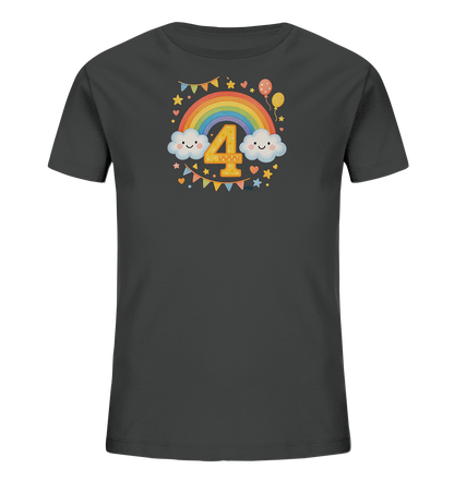 Onlineshop Shirts fuer Kinder - Dunkelgraues T-Shirt mit einem bunten Regenbogenmotiv. Es zeigt laechelnde Wolken und eine grosse Zahl '4'. Sterne, Herzen und Wimpel ergaenzen das Design.