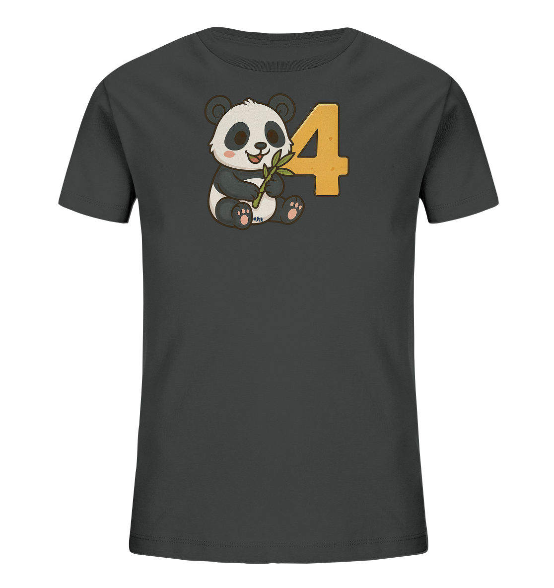 Onlineshop Shirts fuer Kinder - Das Bild zeigt ein dunkelgraues Kinder T-Shirt mit einem niedlichen Motiv auf der Vorderseite. Abgebildet ist ein freundlicher Cartoon-Panda, der einen Bambuszweig in den Pfoten haelt. Neben dem Panda steht die grosse, orangefarbene Zahl '4'. Dieses Design eignet sich gut fuer einen Kindergeburtstag oder als alltaegliches Shirt.