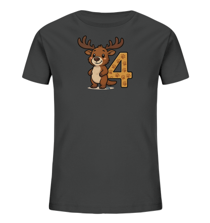 Onlineshop Shirts fuer Kinder - Das Bild zeigt ein dunkles Kinder-T-Shirt mit einem niedlichen Cartoon-Rentier auf der Vorderseite. Das Rentier steht neben der grossen Zahl '4', die mit kleinen Pfotenabdruecken gefuellt ist. Die Illustration ist farbenfroh und kindgerecht gestaltet. Dieses Design eignet sich gut fuer kleine Tierfreunde.