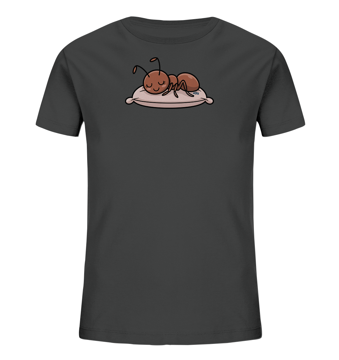 Dunkelgraues Kinder T-Shirt mit schlafender Ameise auf rosa Kissen
