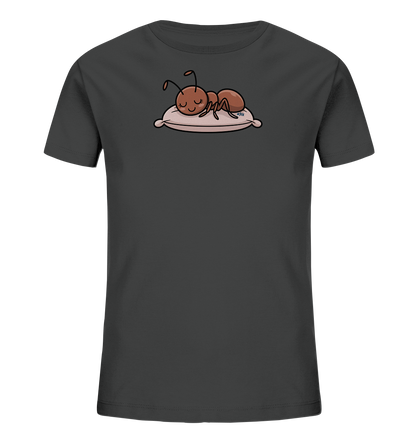 Dunkelgraues Kinder T-Shirt mit schlafender Ameise auf rosa Kissen