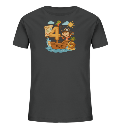 Onlineshop Shirts fuer Kinder - Dieses dunkelgraue T-Shirt fuer Kinder zeigt eine bunte Illustration im Piraten-Look. Im Zentrum steht eine grosse, gelbe Zahl 4, umgeben von einem Piratenkind auf einem Schiff, einer Schatzkarte und einem Papagei. Eine kleine Insel mit einer Schatztruhe und eine Flaschenpost ergaenzen das detailreiche und froehliche Design. Das Motiv ist perfekt fuer kleine Abenteurer und Geburtstage.