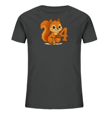 Onlineshop Shirts fuer Kinder - Das Bild zeigt ein dunkelgraues Kinder-T-Shirt mit einem Aufdruck auf der Vorderseite. Zu sehen ist ein niedliches Eichhoernchen, das eine Eichel haelt. Neben dem Eichhoernchen ist die Zahl "4" im holzaehnlichen Design dargestellt.