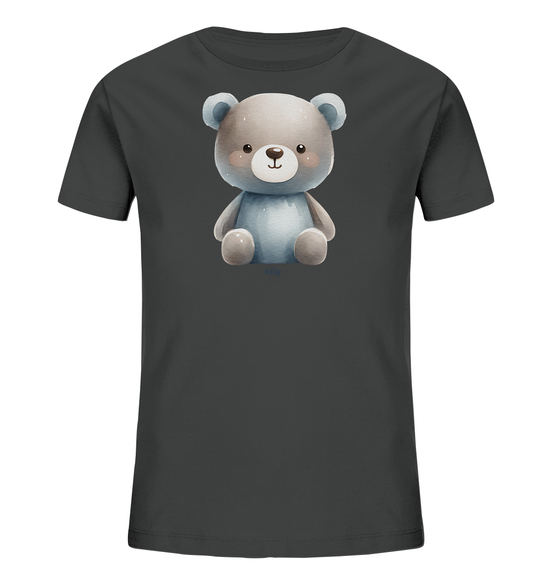 Onlineshop Shirts fuer Kinder - Das Bild zeigt ein dunkelgraues Kinder-T-Shirt mit einem niedlichen Druck eines sitzenden Teddybaeren. Der Baer ist im Aquarell-Stil gestaltet, hat grosse Augen und ein freundliches Laecheln. Seine Farben sind sanfte Toene von Blau und Braun. Dieses T-Shirt ist ein charmantes Kleidungsstueck fuer Kinder.