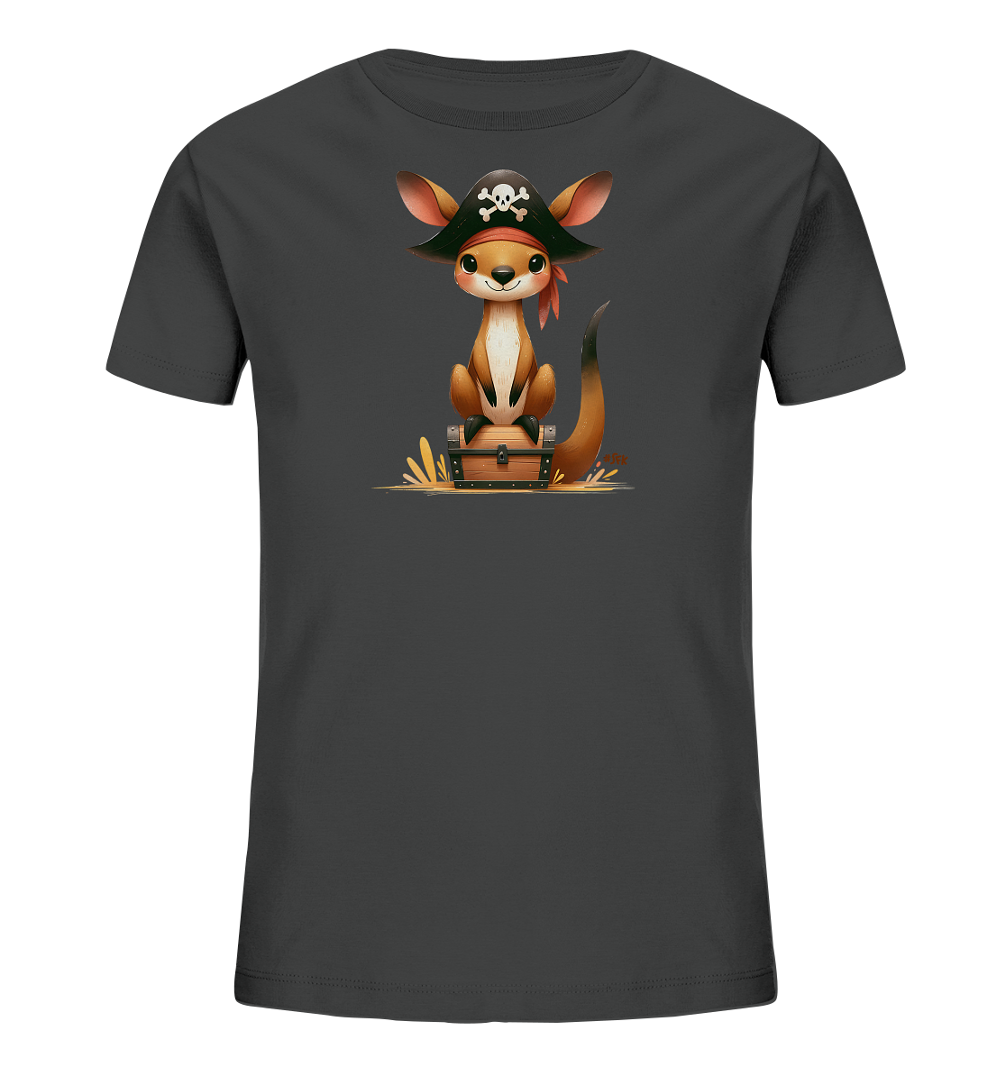 Onlineshop Shirts fuer Kinder - Das Bild zeigt ein dunkelgraues T-Shirt fuer Kinder. Auf der Vorderseite ist eine Illustration eines Kaengurus oder aehnlichen Tieres abgebildet. Das Tier traegt einen Piratenhut und sitzt auf einer Schatzkiste, umgeben von stilisierten Pflanzen. Das Design hat einen verspielten Piraten-Look.