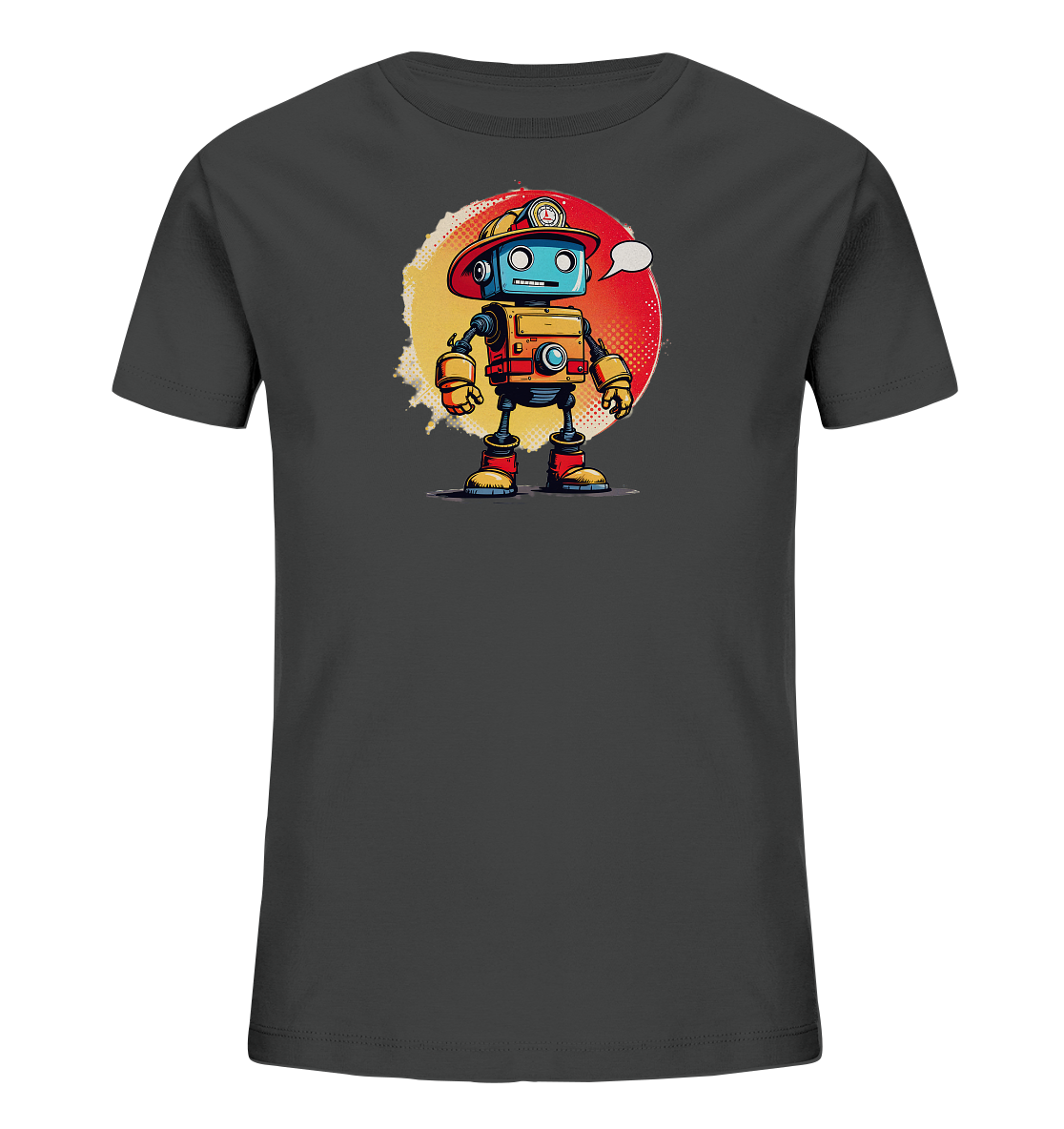 Onlineshop Shirts für Kinder - Das Bild zeigt ein dunkelgraues Kinder T-Shirt mit einem farbigen Grafikdruck auf der Vorderseite. Das Motiv stellt einen cartoonhaften Roboter dar, der einen roten Feuerwehrmannhelm trägt und in roten Stiefeln sowie gelben Handschuhen abgebildet ist. Hinter dem Roboter befindet sich ein Kreis mit einem Farbverlauf von Gelb zu Rot, der als Hintergrund dient. Eine kleine leere Sprechblase ist über dem Kopf des Roboters platziert.