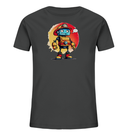 Onlineshop Shirts für Kinder - Das Bild zeigt ein dunkelgraues Kinder T-Shirt mit einem farbigen Grafikdruck auf der Vorderseite. Das Motiv stellt einen cartoonhaften Roboter dar, der einen roten Feuerwehrmannhelm trägt und in roten Stiefeln sowie gelben Handschuhen abgebildet ist. Hinter dem Roboter befindet sich ein Kreis mit einem Farbverlauf von Gelb zu Rot, der als Hintergrund dient. Eine kleine leere Sprechblase ist über dem Kopf des Roboters platziert.