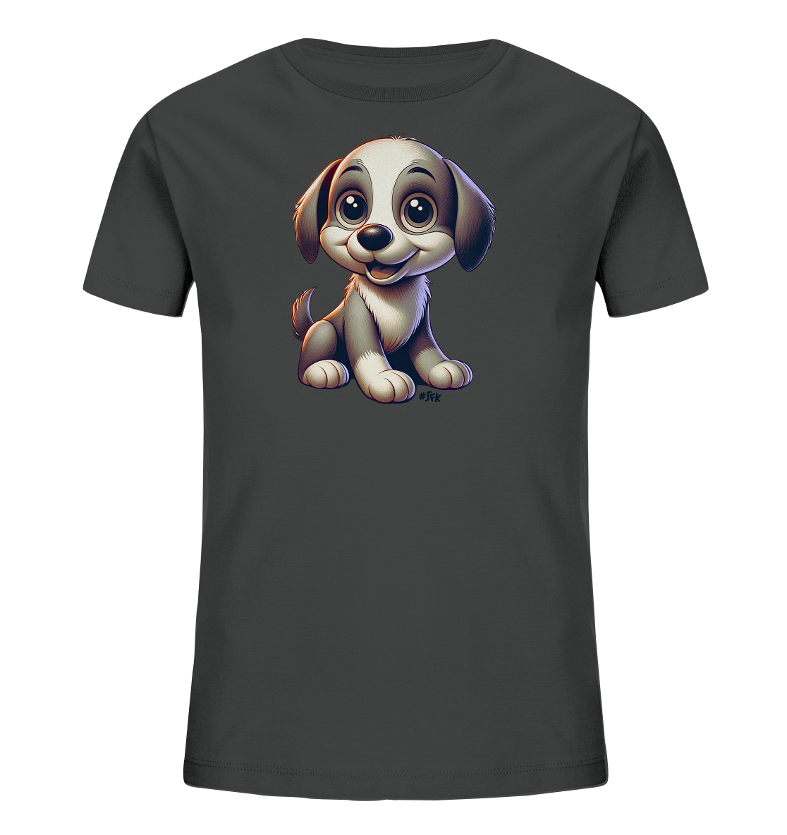Onlineshop Shirts fuer Kinder - Das Bild zeigt ein dunkles Kinder-T-Shirt mit einem entzueckenden Aufdruck eines Cartoon-Welpen. Der Welpe sitzt aufrecht, hat grosse Augen und Ohren und einen freundlichen Ausdruck. Das Design des Welpen ist detailliert und farblich abgestimmt auf das graue Shirt. Es ist eine ansprechende Grafik fuer Kinder.
