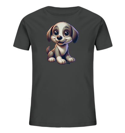Onlineshop Shirts fuer Kinder - Das Bild zeigt ein dunkles Kinder-T-Shirt mit einem entzueckenden Aufdruck eines Cartoon-Welpen. Der Welpe sitzt aufrecht, hat grosse Augen und Ohren und einen freundlichen Ausdruck. Das Design des Welpen ist detailliert und farblich abgestimmt auf das graue Shirt. Es ist eine ansprechende Grafik fuer Kinder.