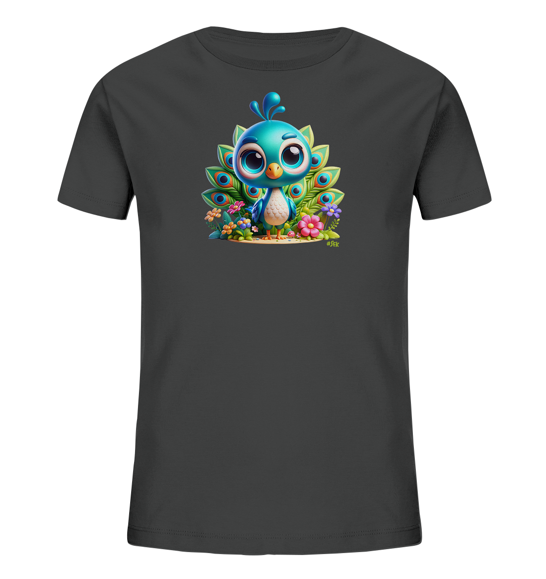 Onlineshop Shirts fuer Kinder - Das Bild zeigt ein dunkelgraues T-Shirt fuer Kinder. Darauf ist eine niedliche Illustration eines kleinen blauen Pfaus zu sehen. Der Pfau hat eine Federkrone und steht vor einer farbenfrohen Darstellung seiner Schwanzfedern und Blumen. Dieses verspielte Design wirkt sehr ansprechend fuer Kinder.