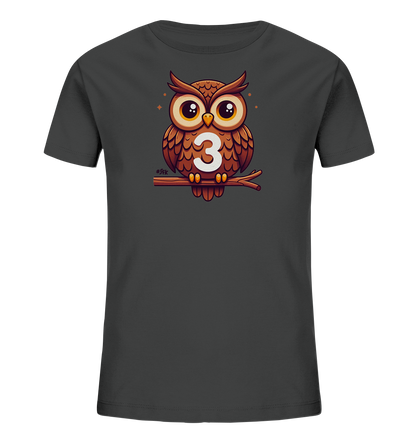 Kinder T-Shirt mit Cartoon-Eule auf Ast, großen Augen und Zahl 3