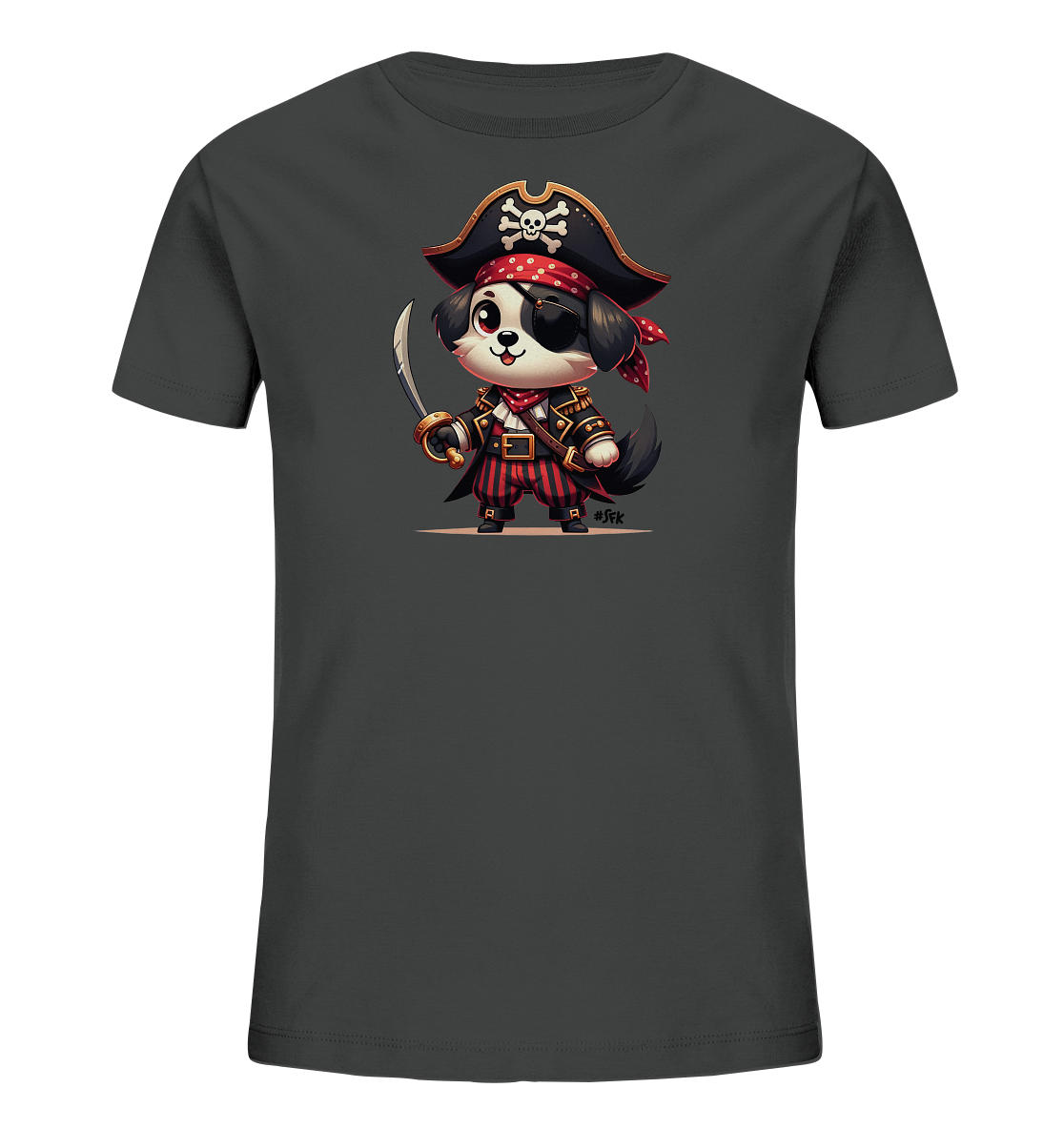 Kinder T-Shirt mit Cartoon-Piratenhund, Augenklappe, Hut und Säbel