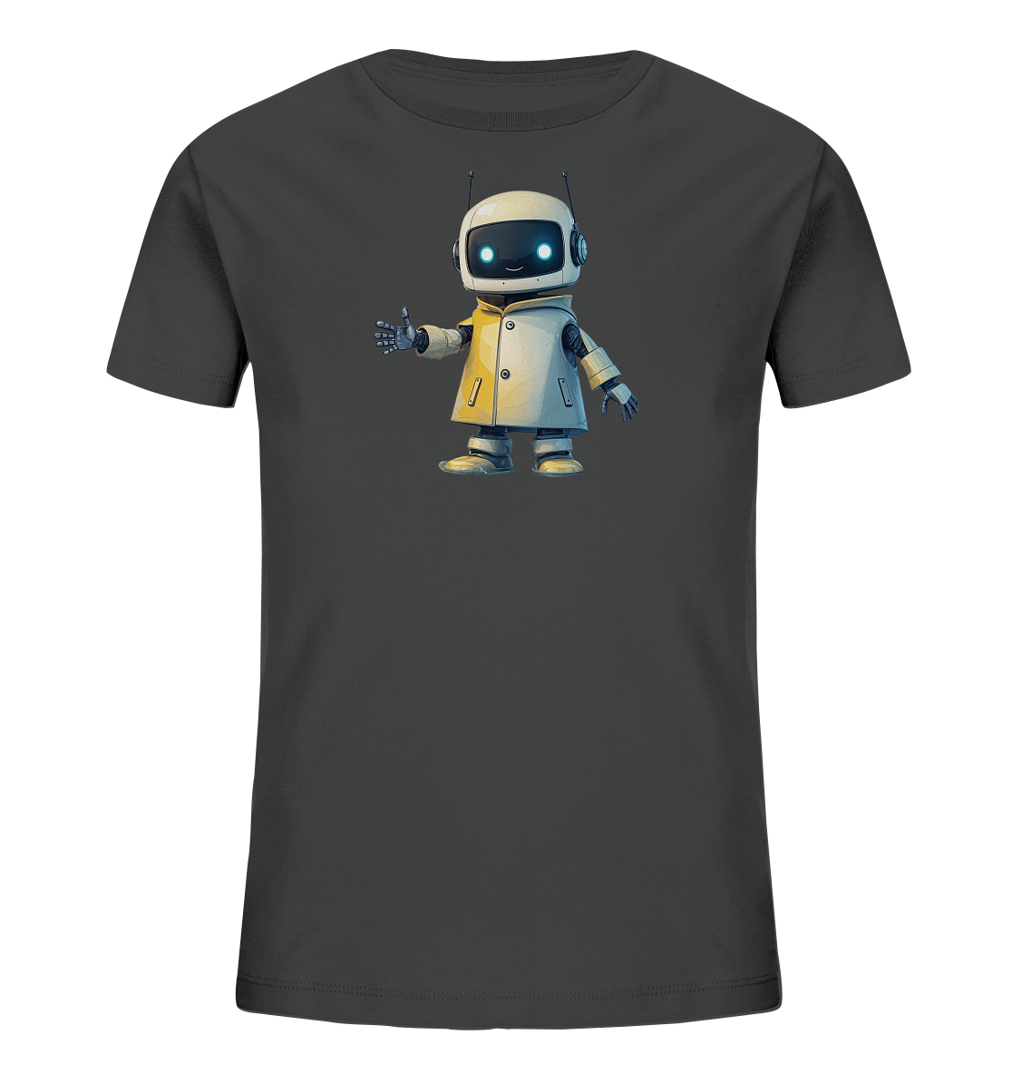 Onlineshop Shirts für Kinder - Das Bild zeigt ein dunkelgraues T-Shirt für Kinder mit einem grafischen Motiv. Auf der Vorderseite ist ein freundlicher, weißer Roboter in einem hellen Mantel abgebildet. Der Roboter hat leuchtend blaue Augen, Antennen und zeigt mit der rechten Hand einen Daumen nach oben. Das Design wirkt modern und ansprechend, ideal für Kinder, die Technik mögen.