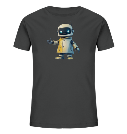 Onlineshop Shirts für Kinder - Das Bild zeigt ein dunkelgraues T-Shirt für Kinder mit einem grafischen Motiv. Auf der Vorderseite ist ein freundlicher, weißer Roboter in einem hellen Mantel abgebildet. Der Roboter hat leuchtend blaue Augen, Antennen und zeigt mit der rechten Hand einen Daumen nach oben. Das Design wirkt modern und ansprechend, ideal für Kinder, die Technik mögen.