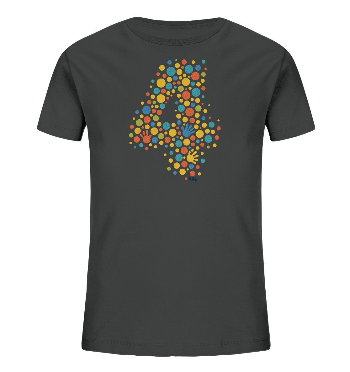 Onlineshop Shirts fuer Kinder - Das Bild zeigt ein dunkelgraues T-Shirt fuer Kinder. Auf der Vorderseite ist die Zahl '4' als grosses Motiv abgebildet. Die Zahl besteht aus vielen bunten Punkten in verschiedenen Farben sowie kleinen Handabdruecken. Das Design wirkt froehlich und farbenfroh.