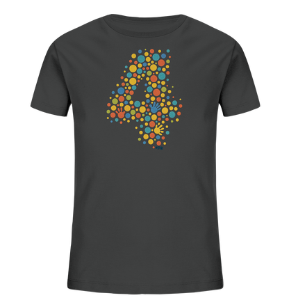 Onlineshop Shirts fuer Kinder - Das Bild zeigt ein dunkelgraues T-Shirt fuer Kinder. Auf der Vorderseite ist die Zahl '4' als grosses Motiv abgebildet. Die Zahl besteht aus vielen bunten Punkten in verschiedenen Farben sowie kleinen Handabdruecken. Das Design wirkt froehlich und farbenfroh.