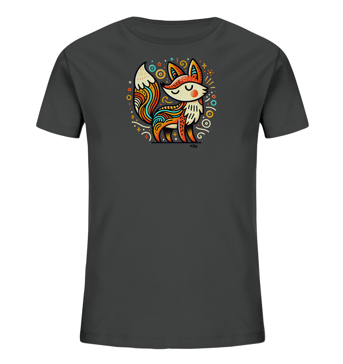 Onlineshop Shirts fuer Kinder - Das Bild zeigt ein dunkelgraues Kinder-T-Shirt mit einem bunten, stilisierten Fuchs-Motiv auf der Vorderseite. Der Fuchs ist in leuchtenden Farben wie Orange, Gelb und Blau mit filigranen Mustern gestaltet. Um den Fuchs herum sind kleine grafische Elemente wie Sterne und Kreise in verschiedenen Farben angeordnet. Das Design wirkt verspielt und kuenstlerisch, ideal fuer Kinderkleidung.