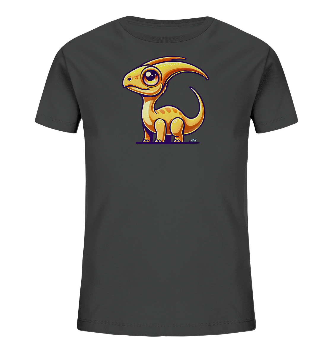 Onlineshop Shirts fuer Kinder - Das Bild zeigt ein dunkelgraues Kinder T-Shirt. Auf der Vorderseite ist eine verspielte Illustration eines kleinen, gelben Dinosauriers zu sehen. Das praehistorische Wesen hat grosse Augen und sitzt auf einem lila Untergrund. Das Design ist farbenfroh und kindgerecht gestaltet.