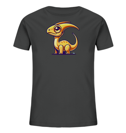 Onlineshop Shirts fuer Kinder - Das Bild zeigt ein dunkelgraues Kinder T-Shirt. Auf der Vorderseite ist eine verspielte Illustration eines kleinen, gelben Dinosauriers zu sehen. Das praehistorische Wesen hat grosse Augen und sitzt auf einem lila Untergrund. Das Design ist farbenfroh und kindgerecht gestaltet.