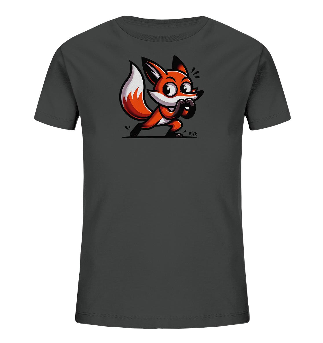 Onlineshop Shirts fuer Kinder - Das Bild zeigt ein dunkelgraues T-Shirt fuer Kinder mit einem farbenfrohen Fuchs-Motiv auf der Vorderseite. Der Cartoon-Fuchs hat orange-weisses Fell, grosse Augen und steht in einer verspielten Haltung. Er bedeckt sein Maul mit den Pfoten und hat einen aufmerksamen Ausdruck. Das Design wirkt lebendig und ansprechend.