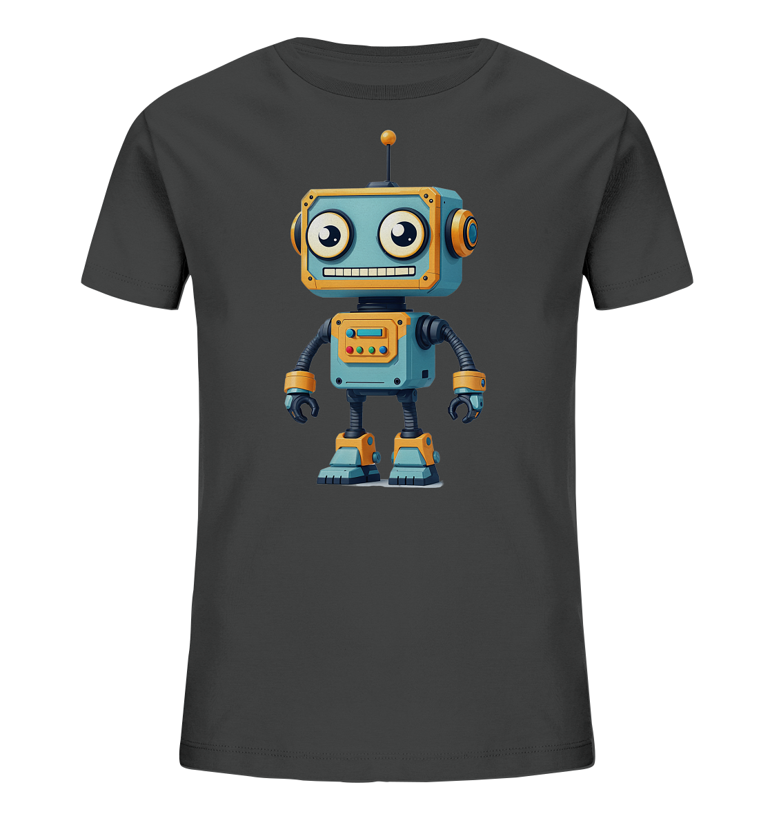 Onlineshop Shirts für Kinder - Das Bild zeigt ein kurzärmeliges T-Shirt für Kinder in einem dunklen Grauton. Auf der Vorderseite ist eine große, farbige Illustration eines freundlichen Cartoon-Roboters abgebildet. Der Roboter ist hauptsächlich blau mit gelben und orangefarbenen Details, hat große, ausdrucksstarke Augen und ein breites Lächeln. Das Design ist zentral platziert und wirkt durch die leuchtenden Farben des Roboters auf dem dunklen Stoff sehr auffällig.