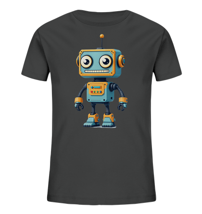 Onlineshop Shirts für Kinder - Das Bild zeigt ein kurzärmeliges T-Shirt für Kinder in einem dunklen Grauton. Auf der Vorderseite ist eine große, farbige Illustration eines freundlichen Cartoon-Roboters abgebildet. Der Roboter ist hauptsächlich blau mit gelben und orangefarbenen Details, hat große, ausdrucksstarke Augen und ein breites Lächeln. Das Design ist zentral platziert und wirkt durch die leuchtenden Farben des Roboters auf dem dunklen Stoff sehr auffällig.