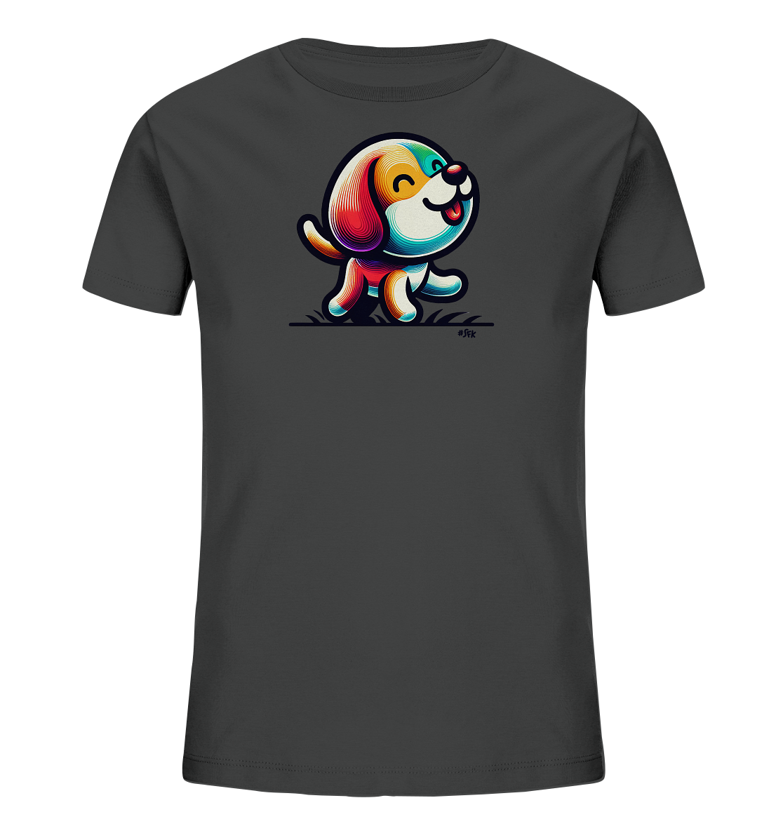 Onlineshop Shirts fuer Kinder - Dieses dunkle Kinder-T-Shirt zeigt ein stilisiertes, farbenfrohes Bild eines froehlichen Hundes. Der Cartoon-Hund laeuft und laechelt, dargestellt in leuchtenden geometrischen Formen und Linien. Das Design verwendet eine Palette aus verschiedenen hellen Farben wie Rot, Gelb, Blau und Gruen, die auf dem dunklen Stoff gut zur Geltung kommen. Das Motiv verleiht dem Shirt einen modernen und verspielten Look.