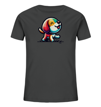 Onlineshop Shirts fuer Kinder - Dieses dunkle Kinder-T-Shirt zeigt ein stilisiertes, farbenfrohes Bild eines froehlichen Hundes. Der Cartoon-Hund laeuft und laechelt, dargestellt in leuchtenden geometrischen Formen und Linien. Das Design verwendet eine Palette aus verschiedenen hellen Farben wie Rot, Gelb, Blau und Gruen, die auf dem dunklen Stoff gut zur Geltung kommen. Das Motiv verleiht dem Shirt einen modernen und verspielten Look.