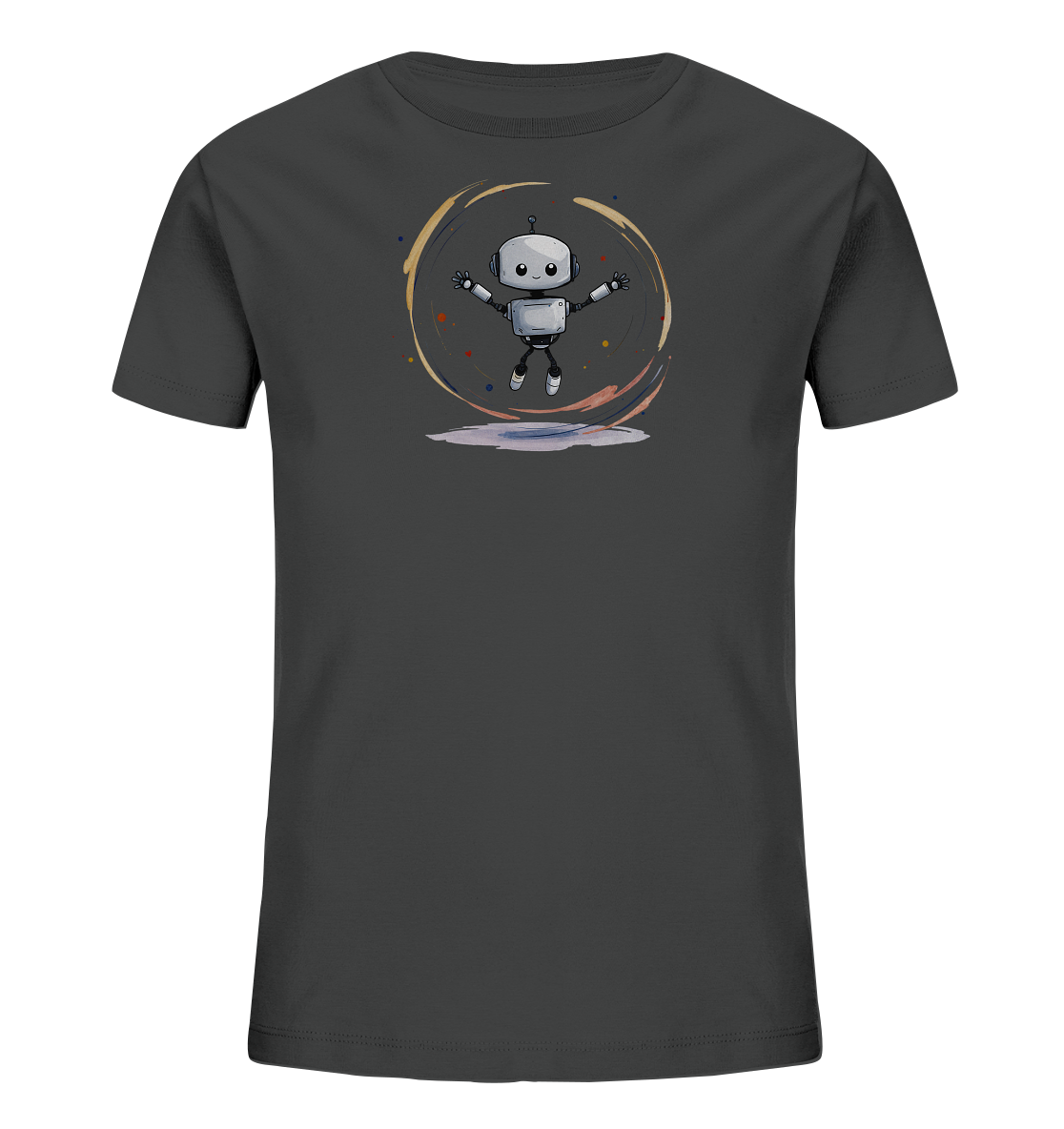 Onlineshop Shirts für Kinder - Dieses Bild zeigt ein dunkelgraues Kinder-T-Shirt. Auf der Vorderseite ist eine Grafik eines kleinen, cartoonartigen Roboters abgebildet. Der Roboter ist grau, hat große Augen und scheint mit ausgestreckten Armen zu springen oder zu schweben. Um den Roboter herum befindet sich ein kreisförmiges, abstraktes Muster in verschiedenen Farben wie Gelb, Braun, Lila und Blau, mit angedeuteten Boden- oder Wasserflächen darunter.