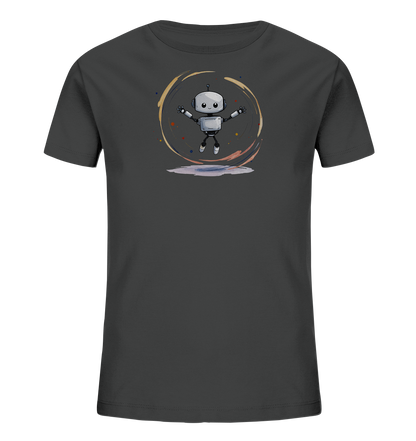 Onlineshop Shirts für Kinder - Dieses Bild zeigt ein dunkelgraues Kinder-T-Shirt. Auf der Vorderseite ist eine Grafik eines kleinen, cartoonartigen Roboters abgebildet. Der Roboter ist grau, hat große Augen und scheint mit ausgestreckten Armen zu springen oder zu schweben. Um den Roboter herum befindet sich ein kreisförmiges, abstraktes Muster in verschiedenen Farben wie Gelb, Braun, Lila und Blau, mit angedeuteten Boden- oder Wasserflächen darunter.