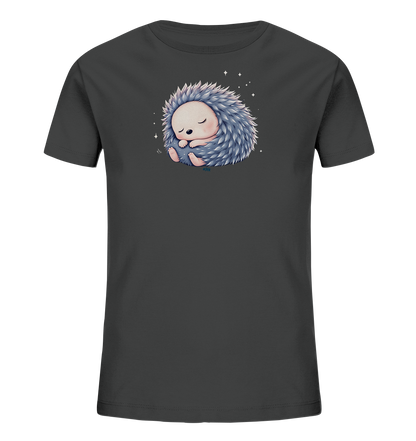Onlineshop Shirts fuer Kinder - Das Bild zeigt ein dunkelgraues Kinder-T-Shirt mit einem niedlichen Motiv auf der Vorderseite. Darauf ist ein schlafender Igel in pastelligen Grau- und Rosatoenen dargestellt, der sich gemuetlich eingerollt hat. Kleine, schimmernde Sterne umgeben das Tier, was dem Design eine traeumerische Atmosphaere verleiht. Das gesamte Motiv wirkt beruhigend und zart, ideal fuer junge Traeger.