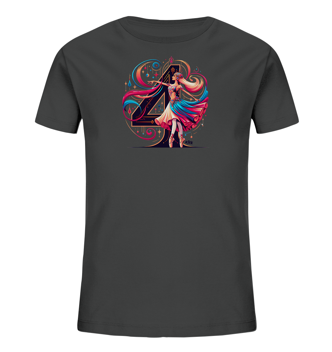 Onlineshop Shirts fuer Kinder - Das dunkelgraue T-Shirt praesentiert eine auffaellige Grafik einer Ballerina vor einer stilisierten Zahl Vier. Die Taenzerin traegt ein farbenfrohes Kleid und ihre Haare wehen, umgeben von dekorativen Elementen und glitzernden Sternen. Das Design ist in leuchtenden Farben wie Pink, Tuerkis und Gold gehalten. Dies schafft ein lebendiges und kunstvolles Motiv fuer Kinder.