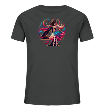 Onlineshop Shirts fuer Kinder - Das dunkelgraue T-Shirt praesentiert eine auffaellige Grafik einer Ballerina vor einer stilisierten Zahl Vier. Die Taenzerin traegt ein farbenfrohes Kleid und ihre Haare wehen, umgeben von dekorativen Elementen und glitzernden Sternen. Das Design ist in leuchtenden Farben wie Pink, Tuerkis und Gold gehalten. Dies schafft ein lebendiges und kunstvolles Motiv fuer Kinder.