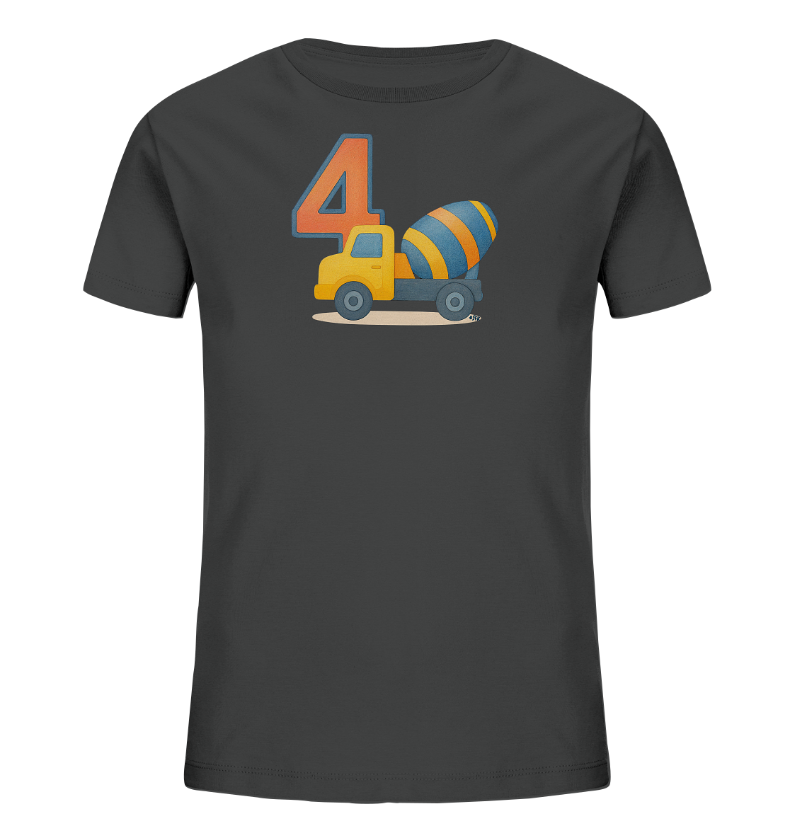 Onlineshop Shirts fuer Kinder - Das Bild zeigt ein dunkelgraues T-Shirt fuer Kinder mit einem Motiv auf der Vorderseite. Es ist die grosse Zahl '4' abgebildet, daneben steht ein gelber Zementmischer mit einem blau-orange gestreiften Betonmischer. Die Illustration ist in einem kindgerechten Stil gehalten und passt gut zu einem vierten Geburtstag. Das Design wirkt froehlich und farbenfroh auf dem dunklen Stoff.