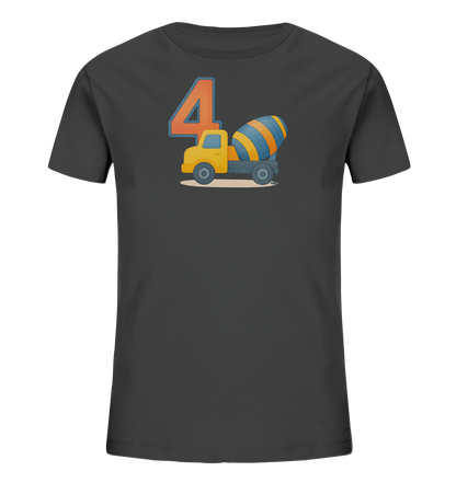 Onlineshop Shirts fuer Kinder - Das Bild zeigt ein dunkelgraues T-Shirt fuer Kinder mit einem Motiv auf der Vorderseite. Es ist die grosse Zahl '4' abgebildet, daneben steht ein gelber Zementmischer mit einem blau-orange gestreiften Betonmischer. Die Illustration ist in einem kindgerechten Stil gehalten und passt gut zu einem vierten Geburtstag. Das Design wirkt froehlich und farbenfroh auf dem dunklen Stoff.