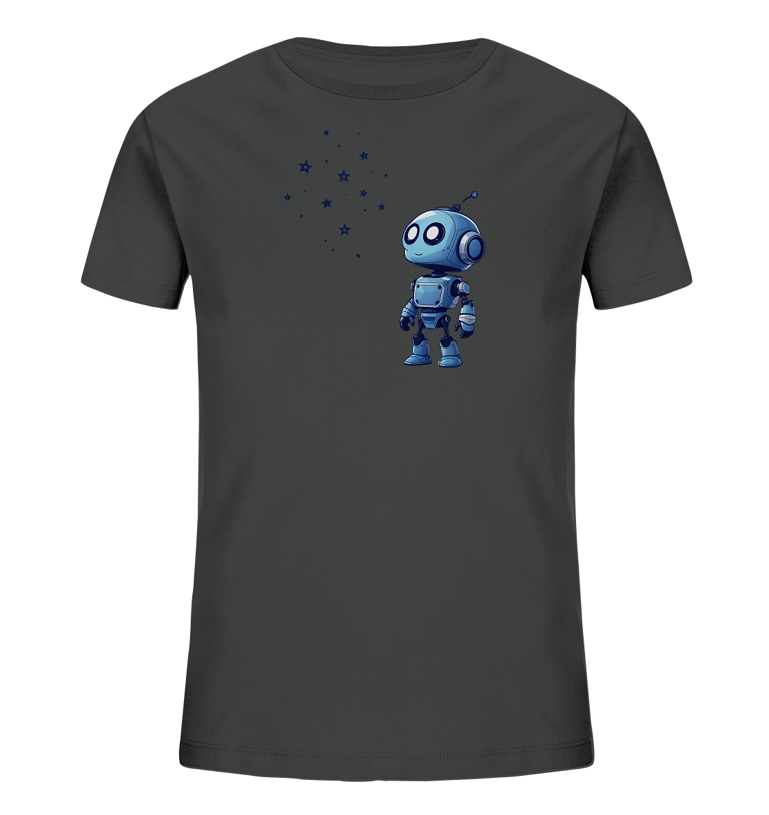 Onlineshop Shirts für Kinder - Das Bild zeigt ein dunkelgraues Kinder-T-Shirt, auf dessen Vorderseite ein Motiv eines blauen Roboters platziert ist. Der Roboter ist im Comic-Stil dargestellt, mit großen Augen, einer Antenne und detaillierten Gliedmaßen. Zu seiner linken sind mehrere kleine blaue Sterne und Punkte in einer Ansammlung zu sehen. Dieses Design verleiht dem Shirt einen verspielten und leicht futuristischen Look, ideal für Kinder.