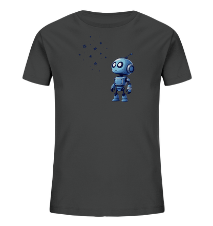 Onlineshop Shirts für Kinder - Das Bild zeigt ein dunkelgraues Kinder-T-Shirt, auf dessen Vorderseite ein Motiv eines blauen Roboters platziert ist. Der Roboter ist im Comic-Stil dargestellt, mit großen Augen, einer Antenne und detaillierten Gliedmaßen. Zu seiner linken sind mehrere kleine blaue Sterne und Punkte in einer Ansammlung zu sehen. Dieses Design verleiht dem Shirt einen verspielten und leicht futuristischen Look, ideal für Kinder.