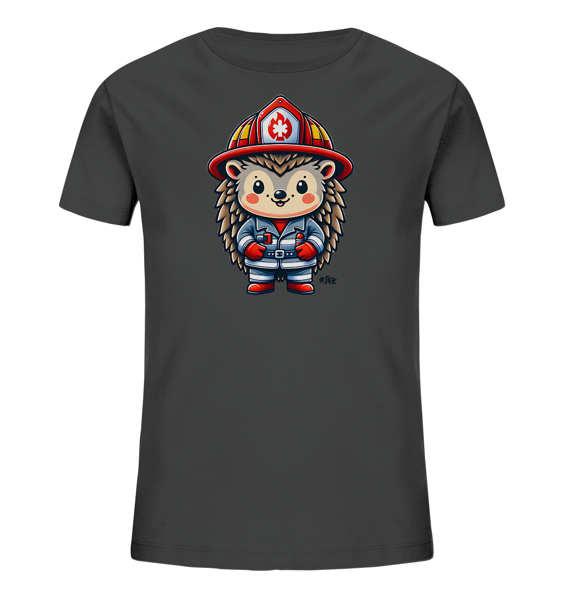 Onlineshop Shirts fuer Kinder - Dieses graue T-Shirt fuer Kinder zeigt eine niedliche Zeichentrick-Illustration eines Igels. Der Igel ist als Feuerwehrmann gekleidet und traegt einen roten Helm sowie eine blau-weisse Uniform mit roten Handschuhen und Stiefeln. Das Design ist frontal auf dem Shirt platziert und freundlich gestaltet.