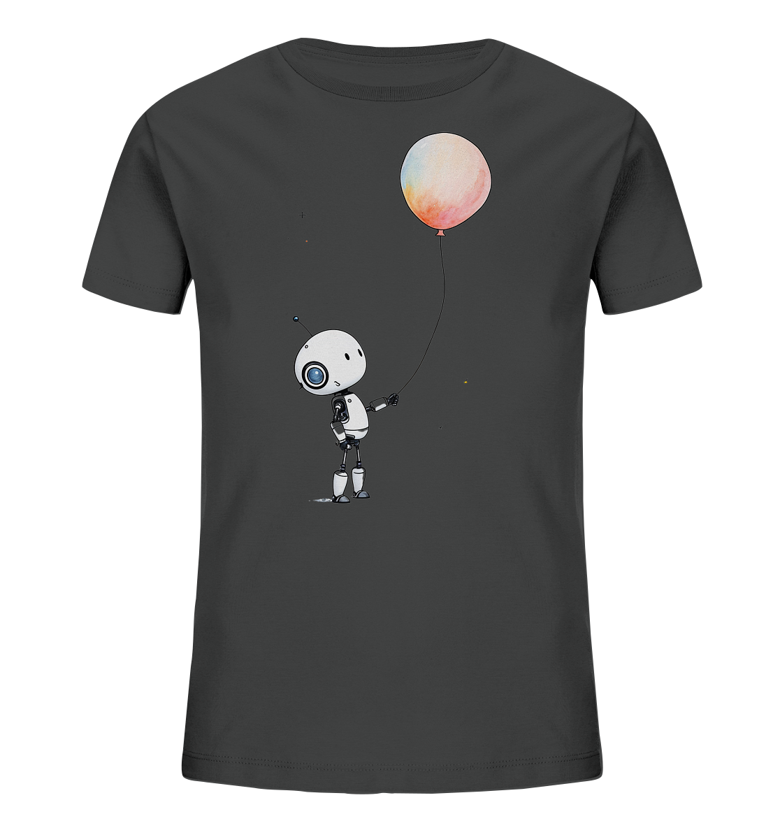 Onlineshop Shirts für Kinder - Das Bild zeigt ein dunkelgraues T-Shirt für Kinder. Auf der Vorderseite ist eine detailreiche, cartoonartige Illustration eines kleinen weißen Roboters zu sehen. Der Roboter hält an einem dünnen Faden einen großen Ballon, der in warmen Farben wie Orange, Rosa und Gelb schattiert ist. Um den Roboter herum sind kleine, funkelnde Elemente platziert, die dem Design eine verträumte Note verleihen.