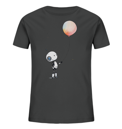 Onlineshop Shirts für Kinder - Das Bild zeigt ein dunkelgraues T-Shirt für Kinder. Auf der Vorderseite ist eine detailreiche, cartoonartige Illustration eines kleinen weißen Roboters zu sehen. Der Roboter hält an einem dünnen Faden einen großen Ballon, der in warmen Farben wie Orange, Rosa und Gelb schattiert ist. Um den Roboter herum sind kleine, funkelnde Elemente platziert, die dem Design eine verträumte Note verleihen.