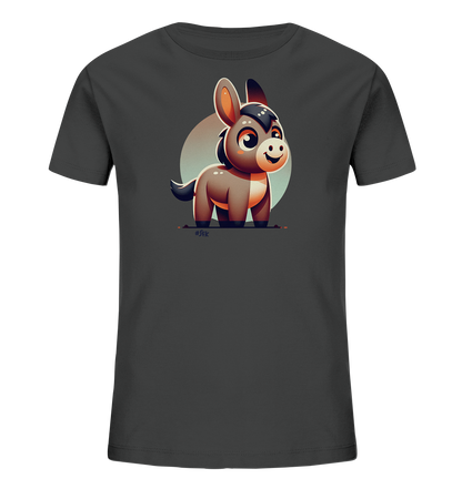Onlineshop Shirts fuer Kinder - Das Bild zeigt ein dunkelgraues T-Shirt mit einem freundlichen Eselmotiv auf der Vorderseite. Der Esel im Comic-Stil hat grosse Augen und laechelt. Er steht vor einem hellen, kreisfoermigen Hintergrund. Dieses Design verleiht dem Shirt einen froehlichen Ausdruck.