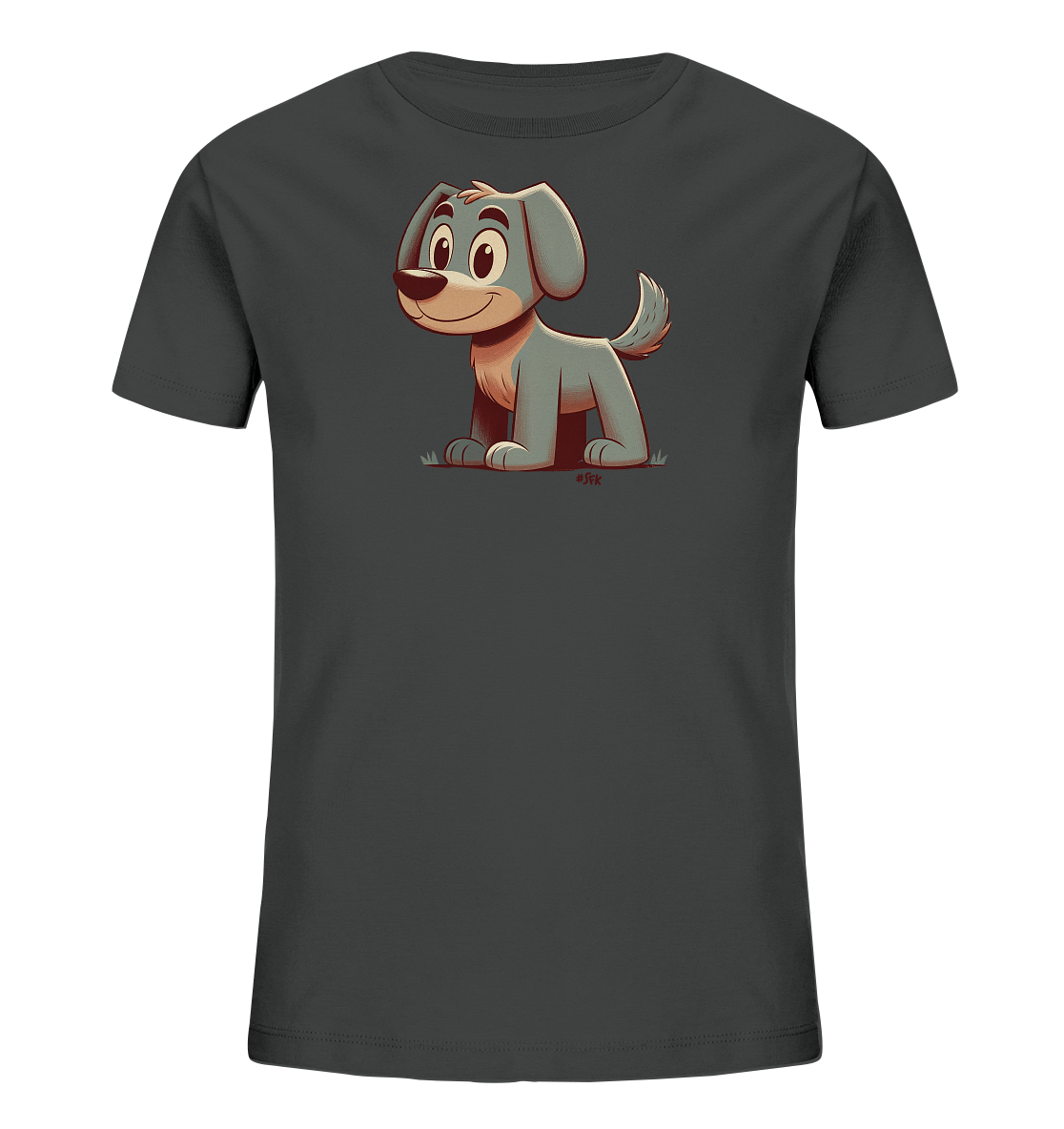 Onlineshop Shirts fuer Kinder - Das Bild zeigt ein graues T-Shirt fuer Kinder mit einer niedlichen Illustration eines cartoonhaften Hundes. Der Hund ist hellgrau dargestellt, sitzt in einer aufrechten Position und hat einen freundlichen Gesichtsausdruck. Um den Hund herum sind einige einfache Graslinien zu sehen. Das Motiv wirkt verspielt und kinderfreundlich.