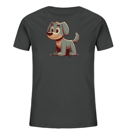 Onlineshop Shirts fuer Kinder - Das Bild zeigt ein graues T-Shirt fuer Kinder mit einer niedlichen Illustration eines cartoonhaften Hundes. Der Hund ist hellgrau dargestellt, sitzt in einer aufrechten Position und hat einen freundlichen Gesichtsausdruck. Um den Hund herum sind einige einfache Graslinien zu sehen. Das Motiv wirkt verspielt und kinderfreundlich.