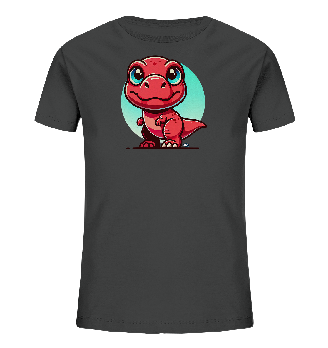 Onlineshop Shirts für Kinder - Das Bild zeigt ein dunkles (Anthrazit oder Dunkelgrau) Kinder-T-Shirt aus Bio-Baumwolle. Auf der Vorderseite befindet sich ein Druck, der einen niedlichen roten Cartoon-Dinosaurier darstellt. Der Dinosaurier hat große blaue Augen, lächelt freundlich und steht vor einem hellblauen Kreis, der als Hintergrund dient. Dieses Design verleiht dem T-Shirt einen verspielten und fröhlichen Look, der Kinder ansprechen dürfte.