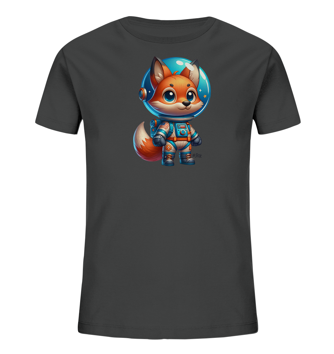 Onlineshop Shirts fuer Kinder - Das Bild zeigt ein dunkelgraues Kinder-T-Shirt mit einem grossen Aufdruck auf der Vorderseite. Das Motiv stellt einen niedlichen, cartoonhaften Fuchs in einem detaillierten Astronautenanzug dar. Der Fuchs hat einen Helm mit einem blauen Visier, in dem Sterne zu sehen sind, und der Anzug ist in Weiss, Blau und Orange gehalten.
