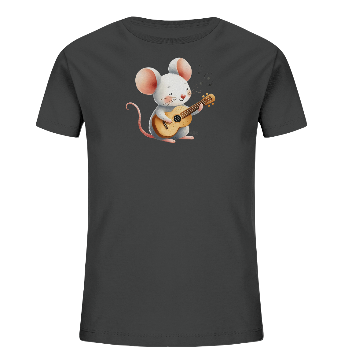 Onlineshop Shirts für Kinder - Das Bild zeigt ein dunkelgraues Kinder-T-Shirt mit einem niedlichen Aufdruck auf der Vorderseite. Der Aufdruck stellt eine freundliche, weiße Maus dar, die eine kleine Gitarre spielt. Über der musizierenden Maus sind einige Noten als Teil der Grafik zu sehen. Das Design wirkt verspielt und charmant, passend für Kinder.