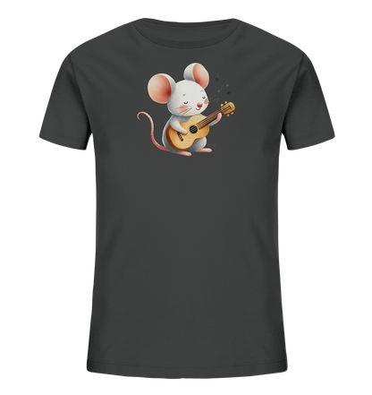 Onlineshop Shirts für Kinder - Das Bild zeigt ein dunkelgraues Kinder-T-Shirt mit einem niedlichen Aufdruck auf der Vorderseite. Der Aufdruck stellt eine freundliche, weiße Maus dar, die eine kleine Gitarre spielt. Über der musizierenden Maus sind einige Noten als Teil der Grafik zu sehen. Das Design wirkt verspielt und charmant, passend für Kinder.