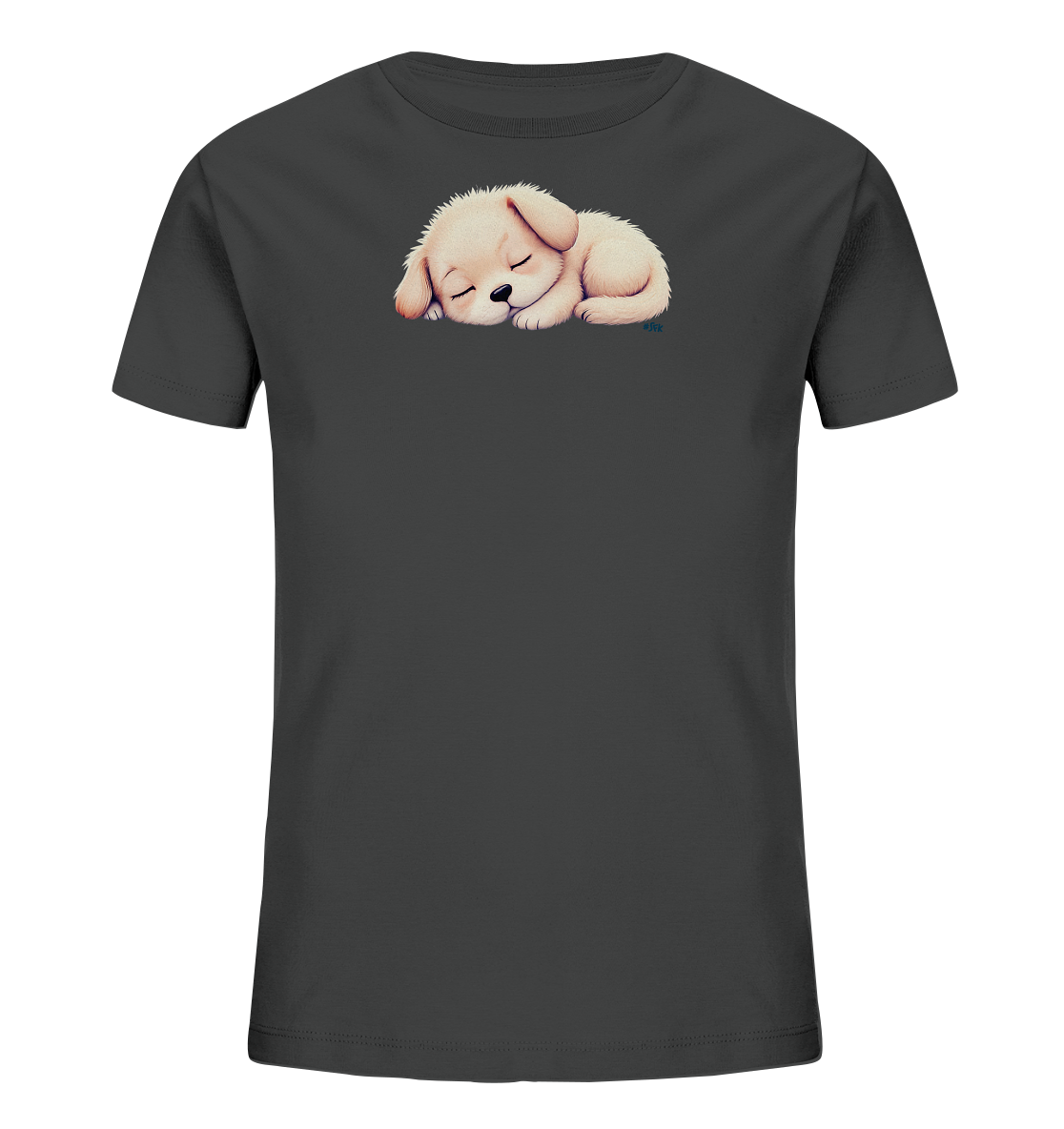 Onlineshop Shirts fuer Kinder - Das Bild zeigt ein dunkelgraues Kinder-T-Shirt. Auf der Vorderseite ist eine niedliche Illustration eines schlafenden, cremefarbenen Welpen zu sehen. Der Welpe liegt zusammengerollt mit geschlossenen Augen da und wirkt sehr friedlich. Das Design ist schlicht und herzerwaermend.