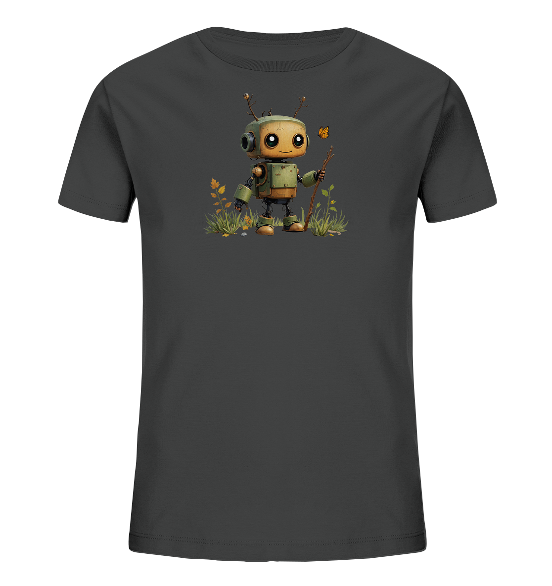 Onlineshop Shirts für Kinder - Das Bild zeigt ein dunkelgraues T-Shirt für Kinder. Auf der Vorderseite ist eine detaillierte Illustration eines kleinen, freundlichen Roboters abgebildet. Der Roboter, in Grün- und Beigetönen gehalten, steht auf einer Wiese mit Gräsern und kleinen Pflanzen, hält einen Stock und beobachtet einen orangefarbenen Schmetterling. Das Design ist verspielt und ansprechend gestaltet, ideal für den Alltag.