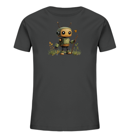 Onlineshop Shirts für Kinder - Das Bild zeigt ein dunkelgraues T-Shirt für Kinder. Auf der Vorderseite ist eine detaillierte Illustration eines kleinen, freundlichen Roboters abgebildet. Der Roboter, in Grün- und Beigetönen gehalten, steht auf einer Wiese mit Gräsern und kleinen Pflanzen, hält einen Stock und beobachtet einen orangefarbenen Schmetterling. Das Design ist verspielt und ansprechend gestaltet, ideal für den Alltag.